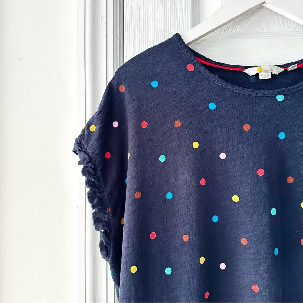 Boden Faye Navy Blue Ruffle Trim Multi Colored Polka Dot T Shirt Dress 12R J0900 - Picture 7 of 13